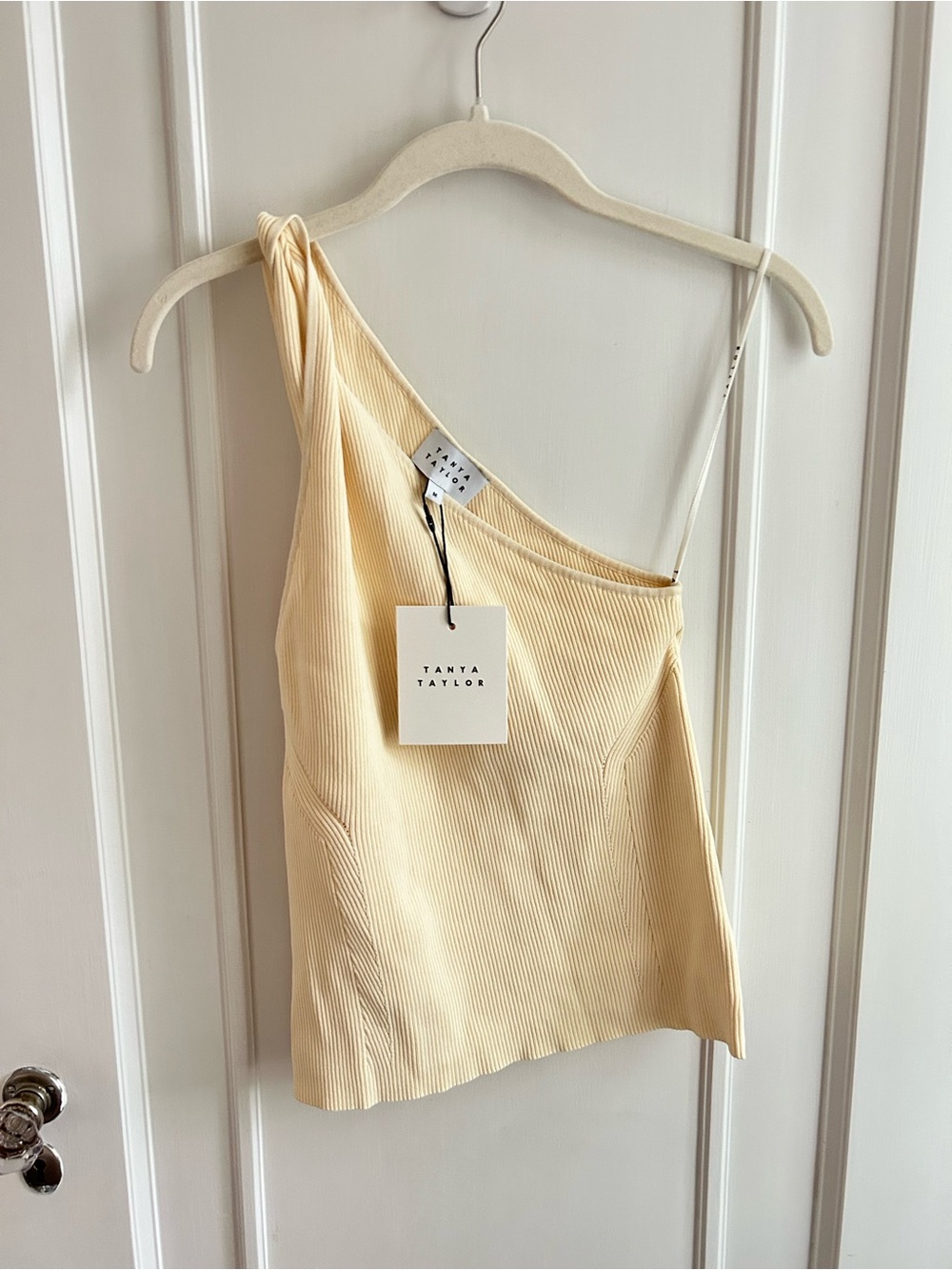 Tanya Taylor ​Giselle One-Shoulder Ribbed Knit Top in Cream/Pale Yellow Size M